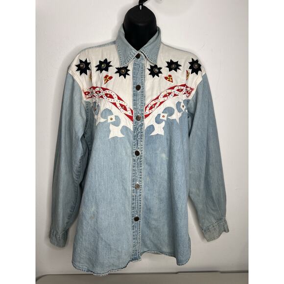 Vintage JOUJOU Denim Button Up Collared Shirt Western Button Up Size Large - Picture 1 of 12
